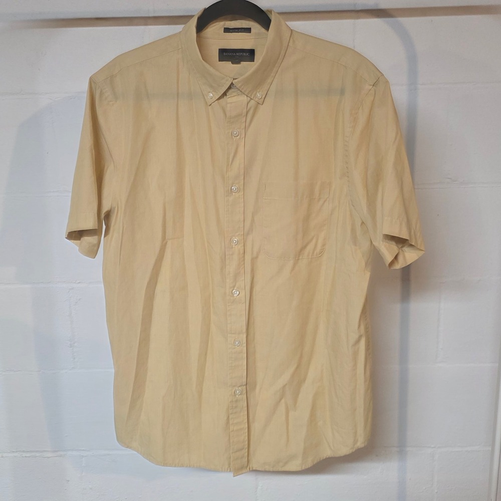 Banana Republic Men Slim Fit L Short Sleeve Button Shirt Yellow Easter Spring